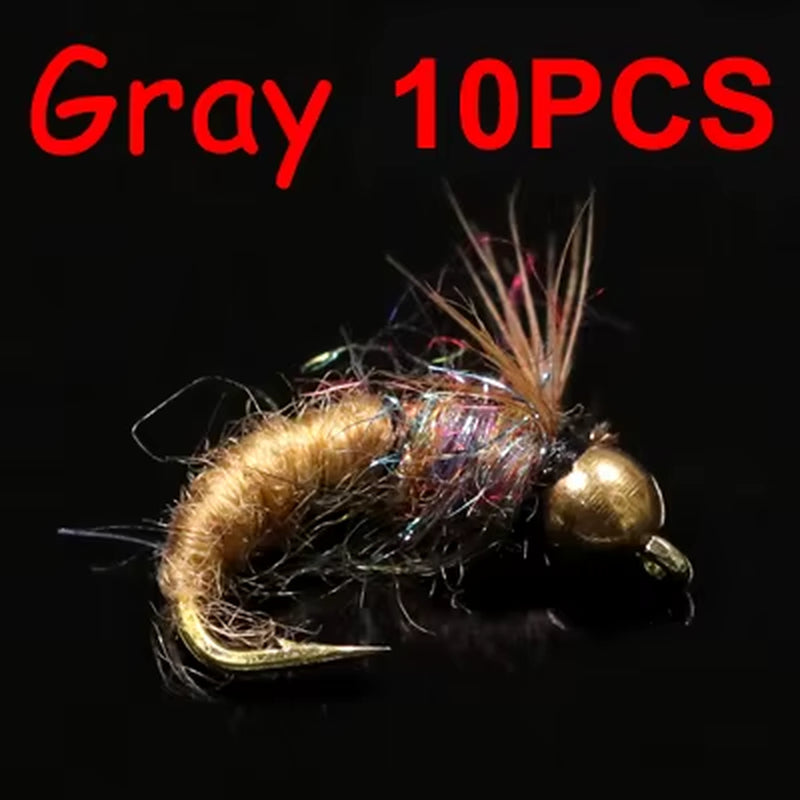 8Pcs/10Pcs Brass Bead Head Caddis Nymph Fishing Flies for Trout Fly Fishing Sinking Artificial Baits Fake Insect Lures