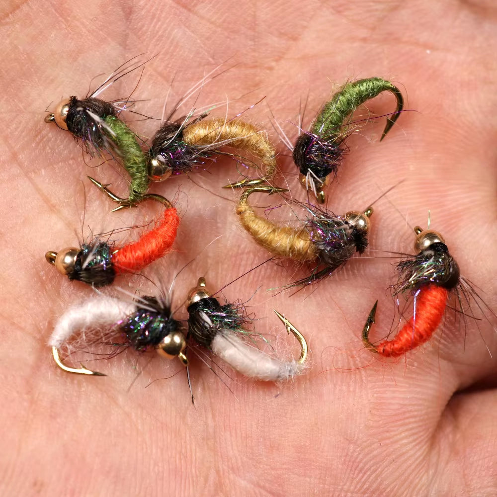 8Pcs/10Pcs Brass Bead Head Caddis Nymph Fishing Flies for Trout Fly Fishing Sinking Artificial Baits Fake Insect Lures
