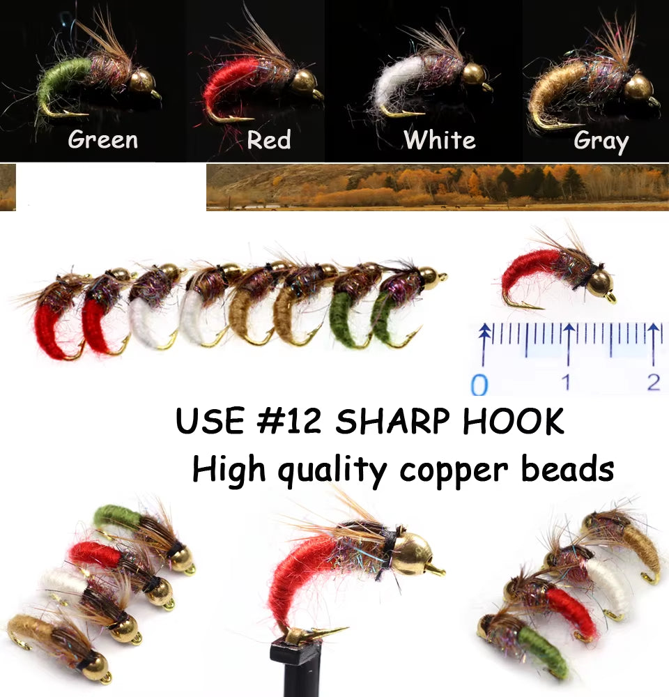 8Pcs/10Pcs Brass Bead Head Caddis Nymph Fishing Flies for Trout Fly Fishing Sinking Artificial Baits Fake Insect Lures