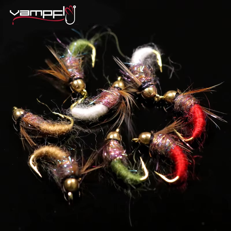 8Pcs/10Pcs Brass Bead Head Caddis Nymph Fishing Flies for Trout Fly Fishing Sinking Artificial Baits Fake Insect Lures