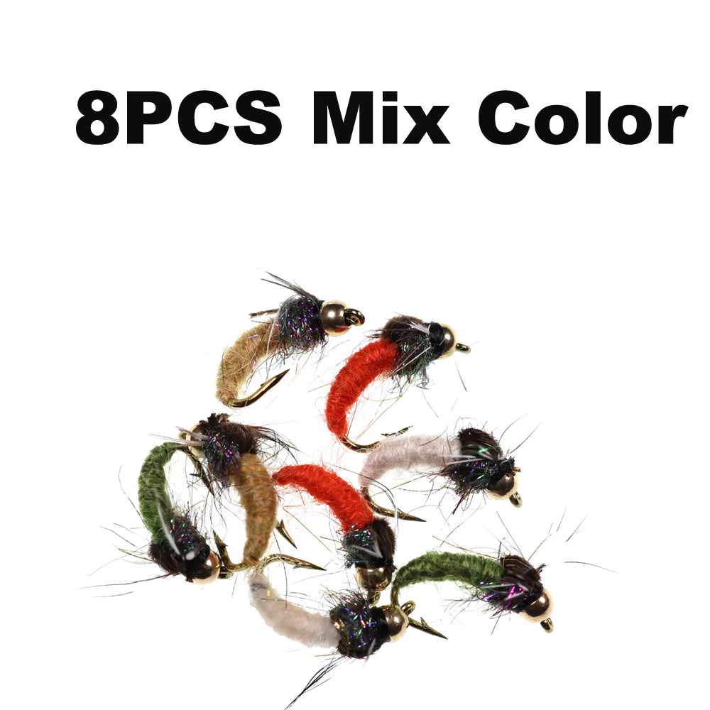 8Pcs/10Pcs Brass Bead Head Caddis Nymph Fishing Flies for Trout Fly Fishing Sinking Artificial Baits Fake Insect Lures