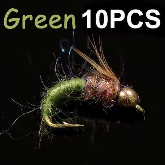 8Pcs/10Pcs Brass Bead Head Caddis Nymph Fishing Flies for Trout Fly Fishing Sinking Artificial Baits Fake Insect Lures