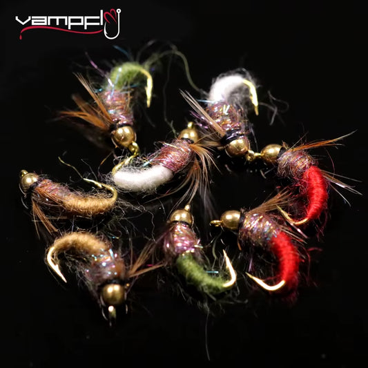 8Pcs/10Pcs Brass Bead Head Caddis Nymph Fishing Flies for Trout Fly Fishing Sinking Artificial Baits Fake Insect Lures